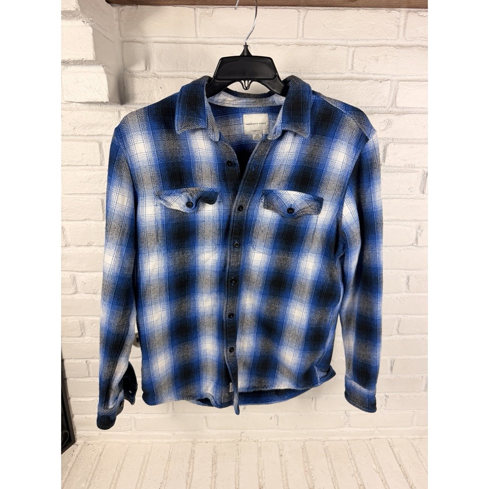 Grunge American Eagle L Blue Black Plaid Flannel Classic Fit Cotton Shirt